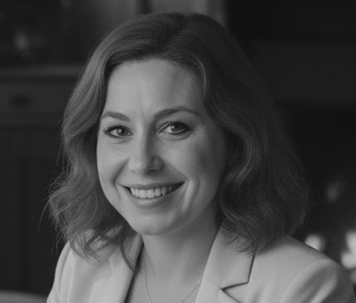 Ritratto in bianco e nero di una donna sorridente con capelli mossi, indossa una giacca chiara.